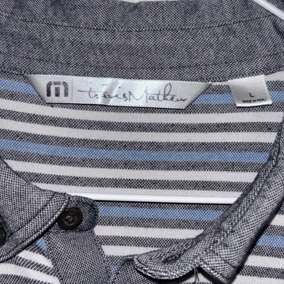Travis Mathews Golf Polo Gray Blue Striped Men's Large Denim Collar Pima Cotton - Picture 3 of 6